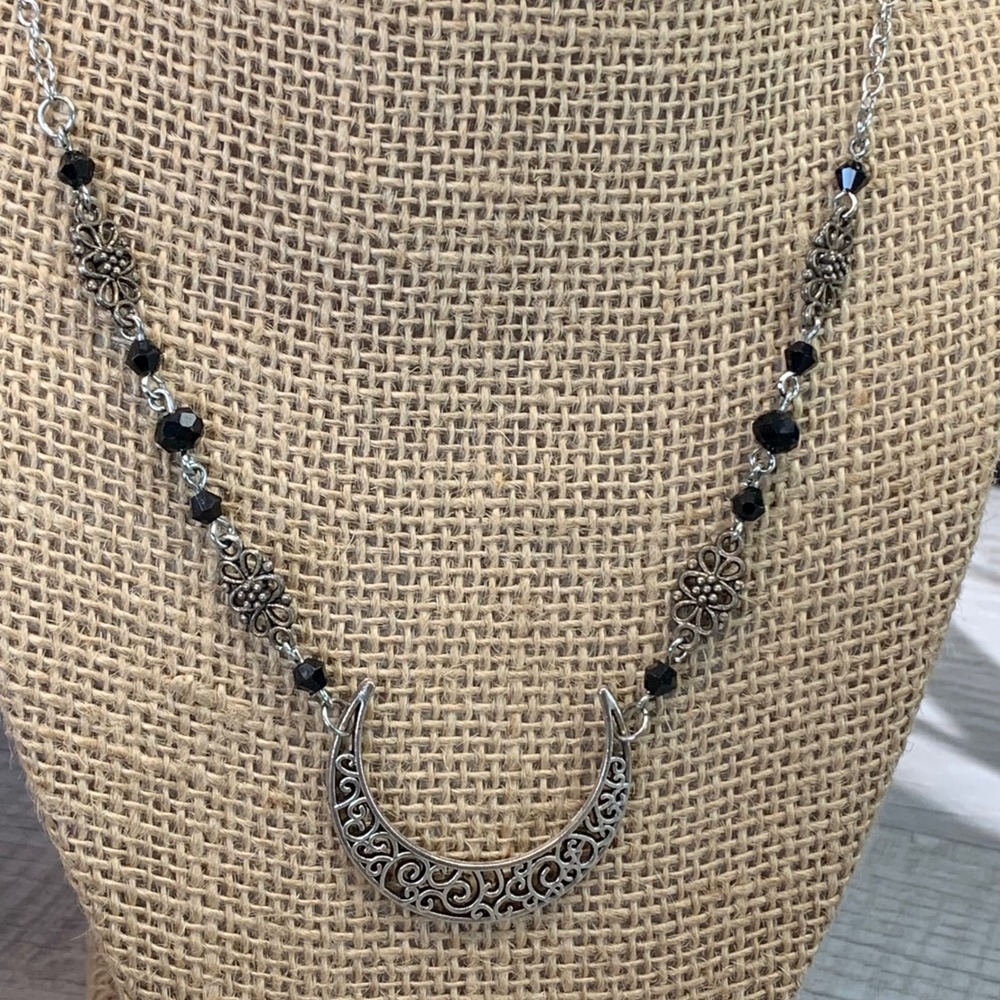 Silver Tone Crescent Moon Filigree Necklace Black Beads 24 Inch Celestial Gothic